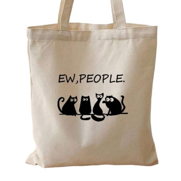 “Ew, People" Black Cat Tote Bag - Picture 3 of 5